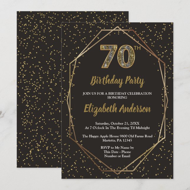 Glam Black Gold 70th Birthday Party Einladung (Vorne/Hinten)