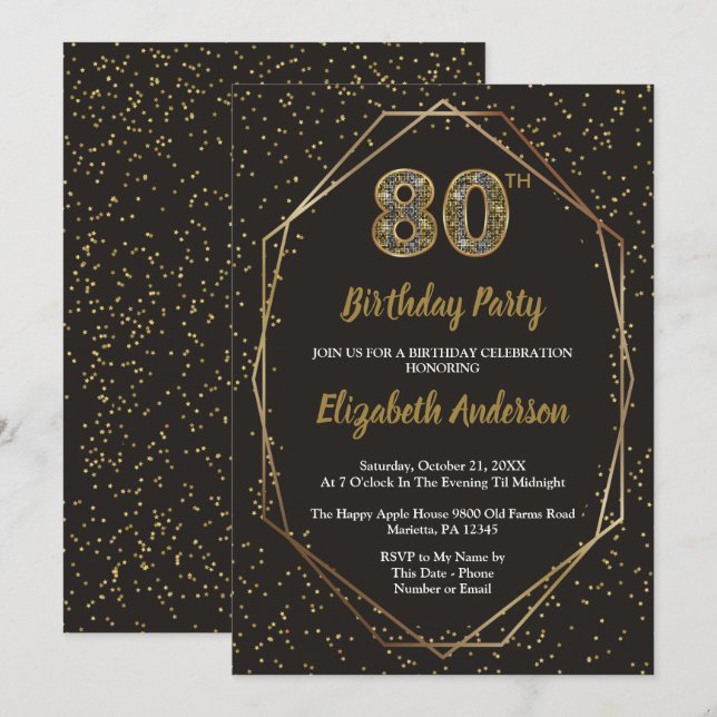 Glam Black Gold 80th Birthday Party Einladung (Vorne/Hinten)