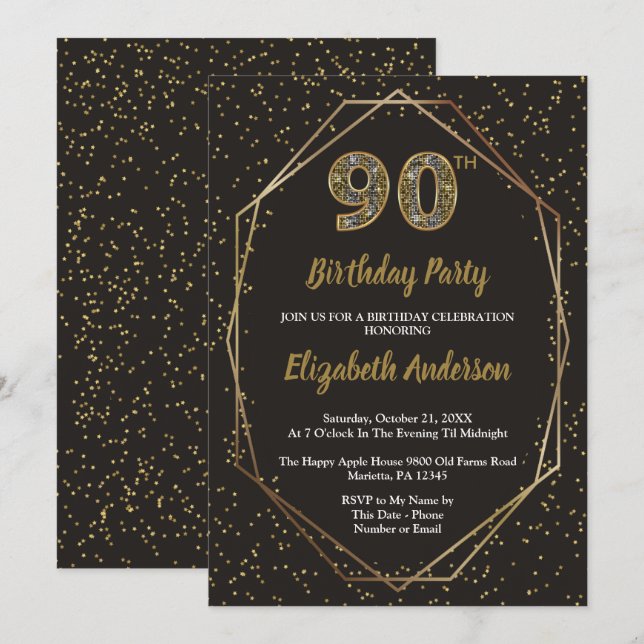 Glam Black Gold 90th Birthday Party Einladung (Vorne/Hinten)