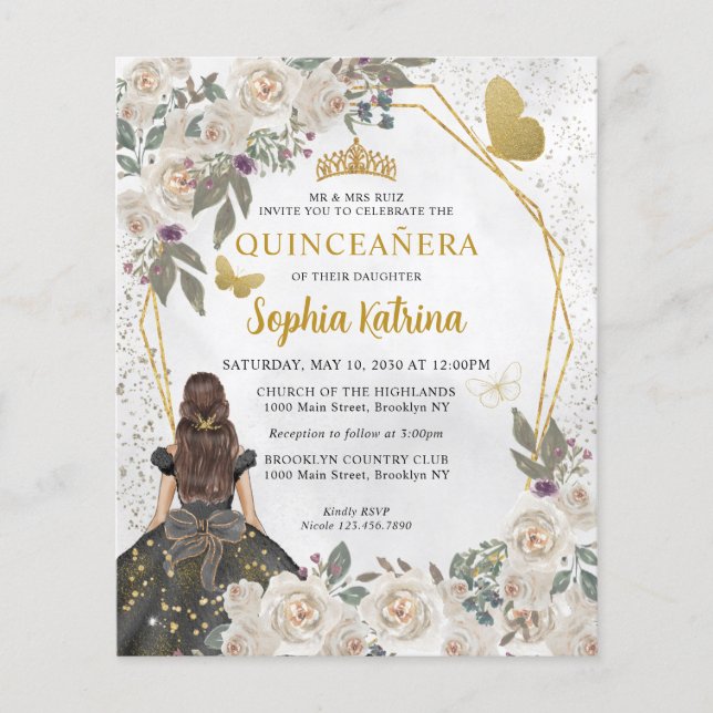 Glam Black Gold Blumenprinzessin Quinceañera (Vorderseite)