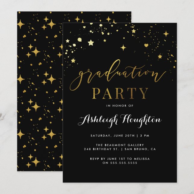 Glam Black & Gold Confetti Graduation Party Einladung (Vorne/Hinten)
