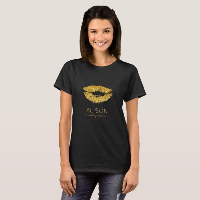 Glam Black Gold Glitzer Big Lips Make-Artist T-Shirt (Vorne ganz)