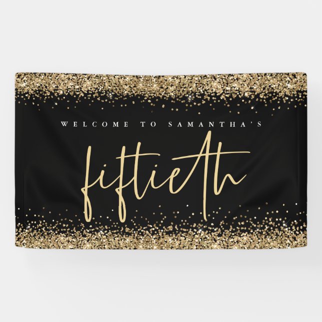 Glam Black Gold Glitzer Name Willkommen Fünfzig Banner (Horizontal)