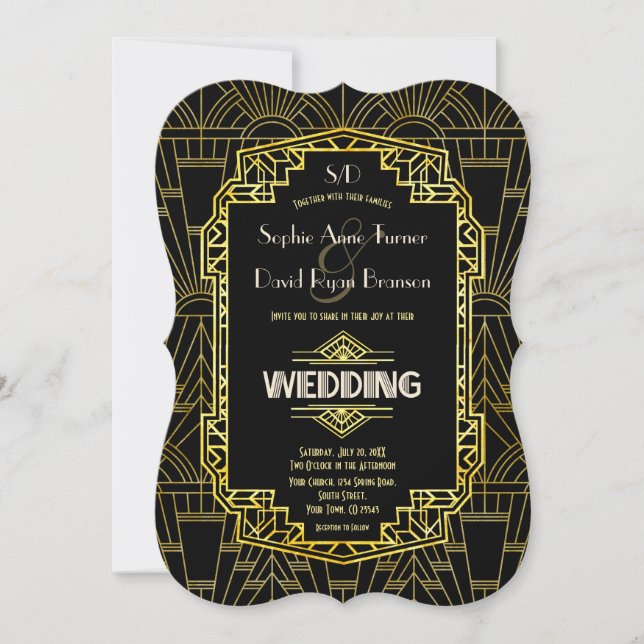 Glam Black & Gold Great Gatsby Art Deco Wedding Einladung (Vorderseite)
