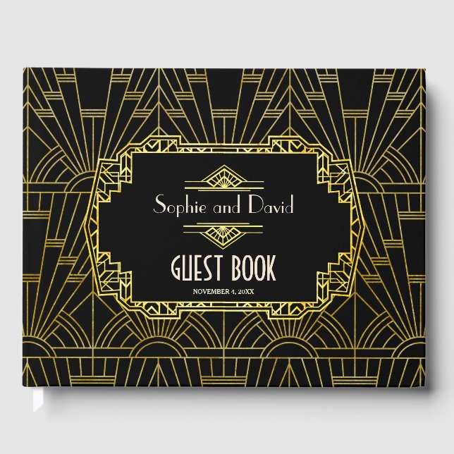 Glam Black & Gold Große Déco Hochzeit Gästebuch (Vorderseite)
