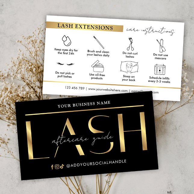 Glam Black & Gold Lash Extensions Aftercare Guide Visitenkarte (Von Creator hochgeladen)