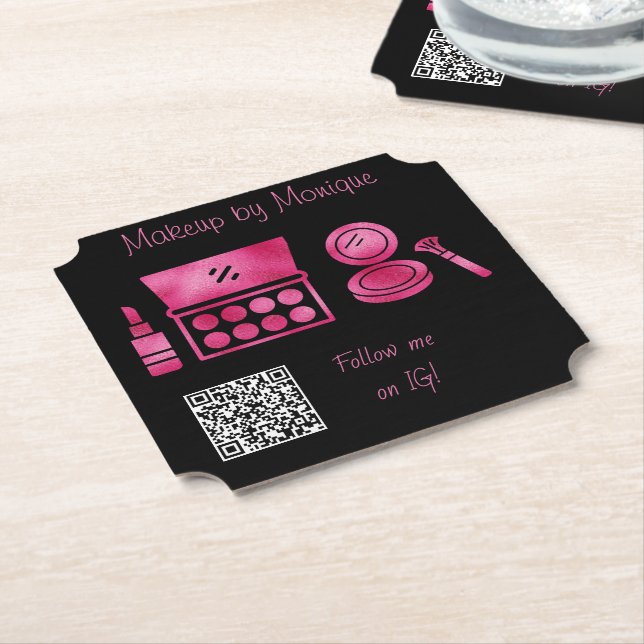 Glam Black & Hot Pink Makeup Artist QR Code Untersetzer (angewinkelt)