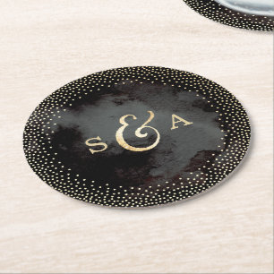 Glam Black Imitats Gold Glitzer Hochzeit Monogramm Runder Pappuntersetzer