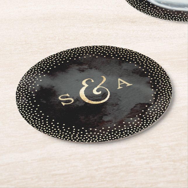 Glam Black Imitats Gold Glitzer Hochzeit Monogramm Runder Pappuntersetzer (Angewinkelt)