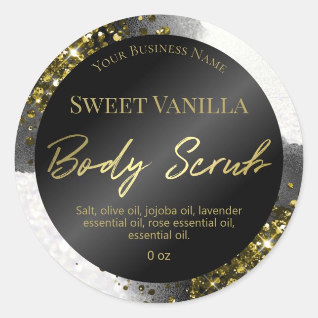 Glam Black Ink Gold Glitzer Body Scrub Labels Runder Aufkleber (Vorderseite)