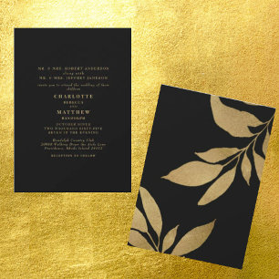 Glam Black Metallic Gold Laub Hochzeit Einladung