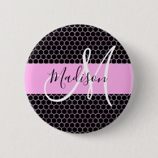 Glam Black Metallic Pink Honeycomb Monogram Name Button