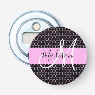 Glam Black Metallic Pink Honeycomb Monogram Name Flaschenöffner