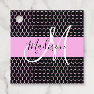 Glam Black Metallic Pink Honeycomb Monogram Name Geschenkanhänger