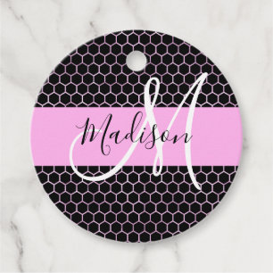 Glam Black Metallic Pink Honeycomb Monogram Name Geschenkanhänger