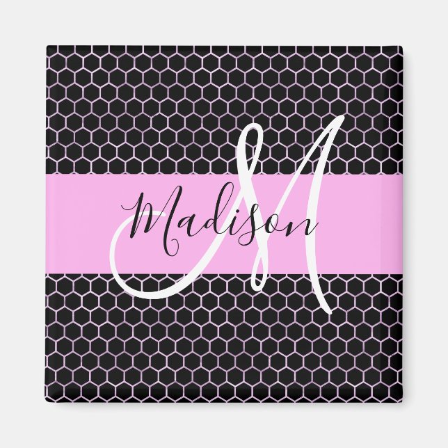Glam Black Metallic Pink Honeycomb Monogram Name Magnet (Vorne)