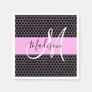 Glam Black Metallic Pink Honeycomb Monogram Name Serviette