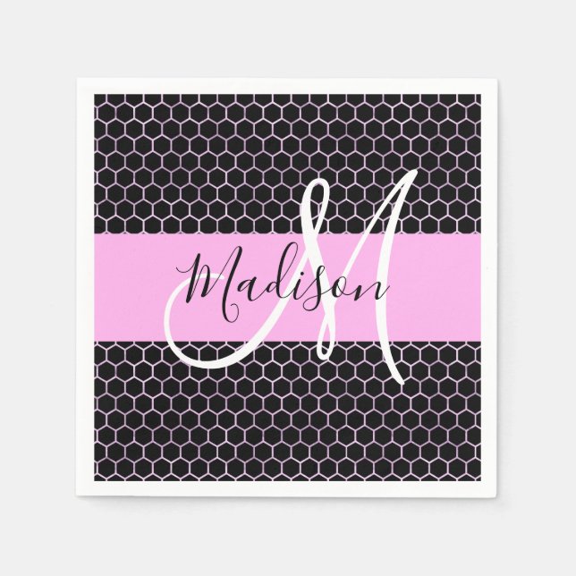 Glam Black Metallic Pink Honeycomb Monogram Name Serviette (Vorderseite)