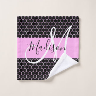 Glam Black Metallic Pink Honeycomb Monogram Name Waschlappen