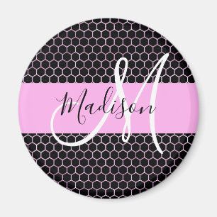 Glam Black Metallic Pink Waben-Monogramm-Name Magnet