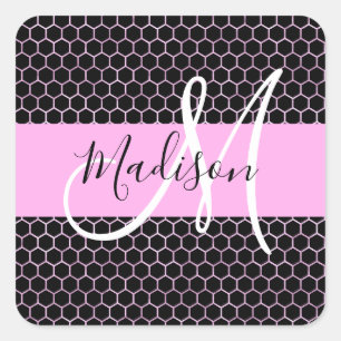 Glam Black Metallic Pink Waben-Monogramm-Name Quadratischer Aufkleber