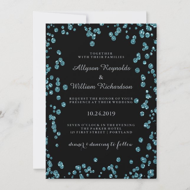 Glam Black mit Türkis Confetti Wedding Einladung (Vorderseite)
