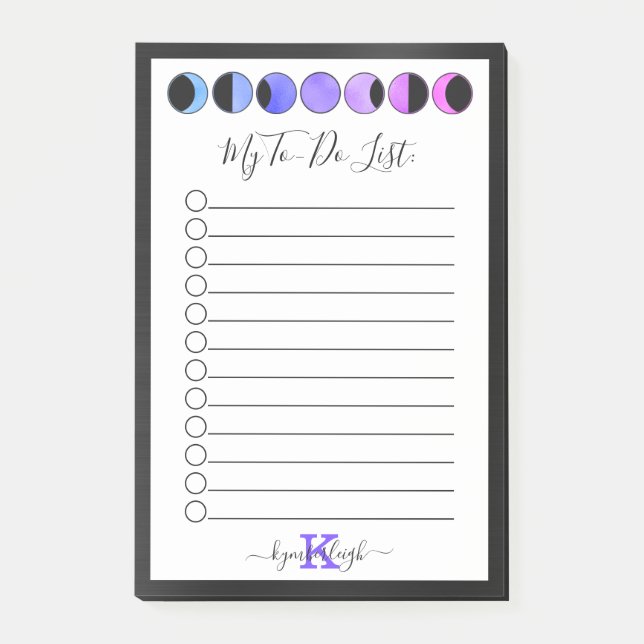 Glam Black Moon Phases Monogram Name To Do List Post-it Klebezettel (Vorderseite)