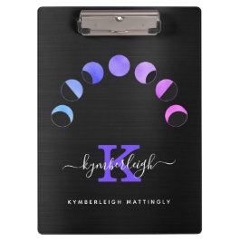 Glam Black Moon Phases Pastell Lila Monogram Name Klemmbrett