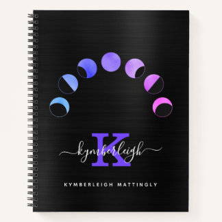 Glam Black Moon Phases Pastell Lila Monogram Name Notizbuch