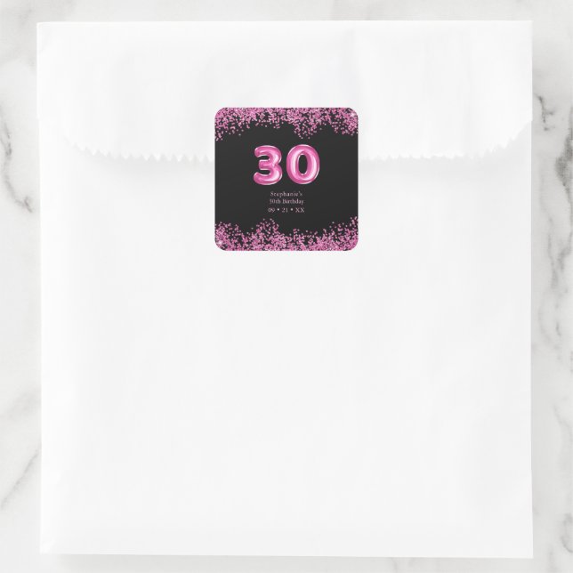 Glam Black Pink Foil Ballon 30. Geburtstag Party Quadratischer Aufkleber (Tasche)