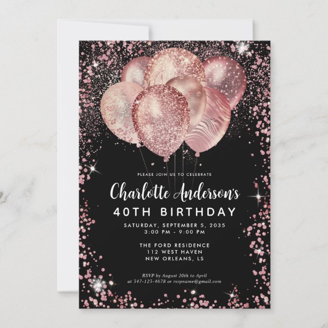Glam Black Pink Rose Gold Glitzer Ballon Geburtsta Einladung (Vorderseite)
