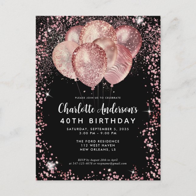 Glam Black Pink Rose Gold Glitzer Ballon Geburtsta Postkarte (Vorderseite)