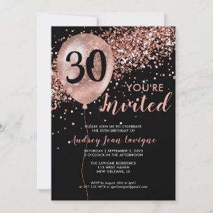 Glam Black Rose Gold Glitzer Ballon 30. Geburtstag Einladung
