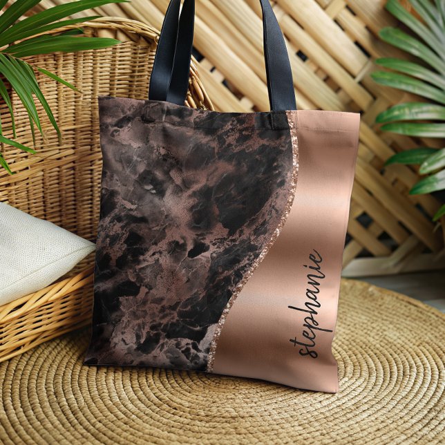 Glam Black Rose Gold Marmor Metallic Name Tasche (Von Creator hochgeladen)
