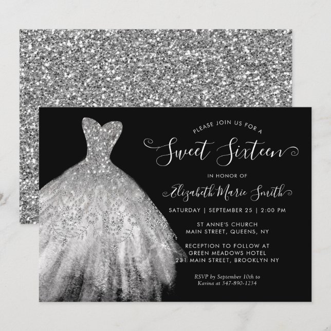 Glam Black Silver Glitzer Kleid Sweet 16 Geburtsta Einladung (Vorne/Hinten)