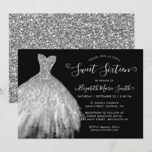 Glam Black Silver Glitzer Kleid Sweet 16 Geburtsta Einladung