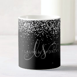 Glam Black Silver Glitzer Monogram Name Coffee Tas Kaffeetasse