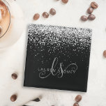 Glam Black Silver Glitzer Monogram Name Glasuntersetzer<br><div class="desc">Glam Black Silver Glitzer Eleganter Monogram Glass Untersetzer. Dieses schicke Untersetzer-Design mit elegantem,  silberfarbenem Glitzer auf schwarzem Hintergrund ist einfach zu personalisieren. Das Design enthält Ihr handgeschriebenes Skriptmonogramm mit hübschen Wirbel und Ihrem Namen.</div>