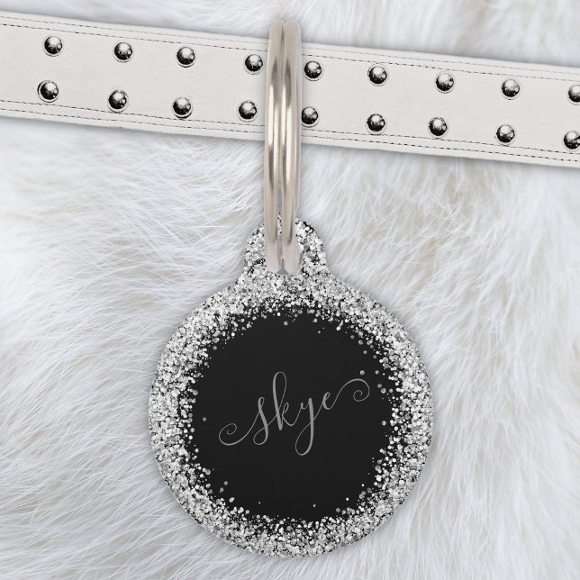 Glam Black Silver Glitzer Monogram Name Haustiermarke (Von Creator hochgeladen)