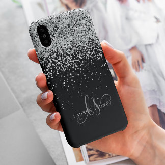 Glam Black Silver Glitzer Monogram Name iPhone Hülle