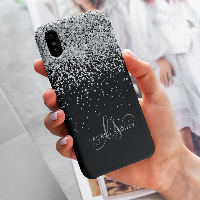 Glam Black Silver Glitzer Monogram Name iPhone Hülle (Von Creator hochgeladen)