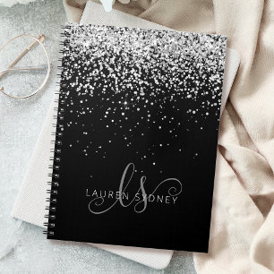 Glam Black Silver Glitzer Monogram Name Notizblock