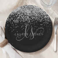 Glam Black Silver Glitzer Monogram Name