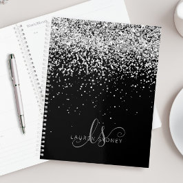 Glam Black Silver Glitzer Monogram Name Planer