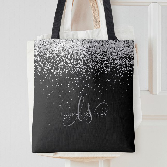 Glam Black Silver Glitzer Monogram Name Tasche (Von Creator hochgeladen)