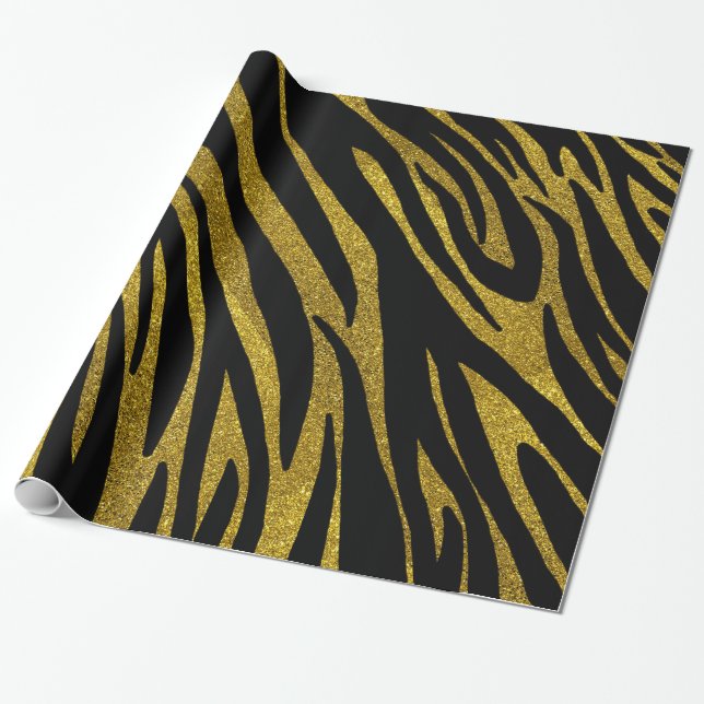 Glam Black Zebra Streifen & Imitate Gold Glitzer Geschenkpapier (Ungerollt)