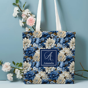 Glam Blau Elfenbein Blumen Maßgeschneiderter Name Tasche