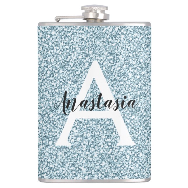 Glam Blau Silber Glitter Funkeln Monogramm Name Flachmann (Vorderseite)