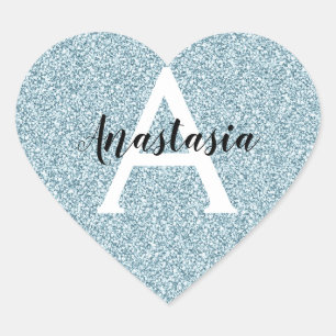 Glam Blau Silber Glitter Funkeln Monogramm Name Herz-Aufkleber