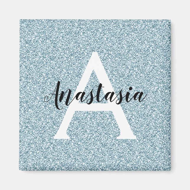 Glam Blau Silber Glitter Funkeln Monogramm Name Magnet (Vorne)